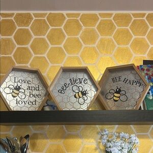 Bee-Themed Hexagonal Wall Decor Set of 3 - Gold and Black